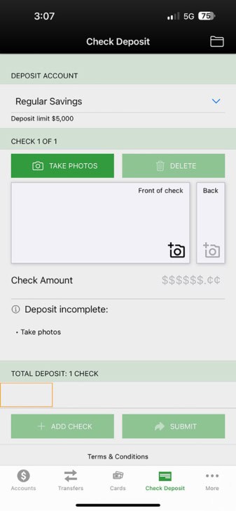 Check deposit screen